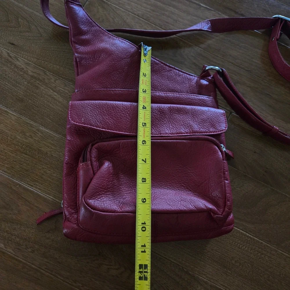 Genuine Red Leather Crossbody Bag Multi Pocket Organizer Sling Adjustable Strap